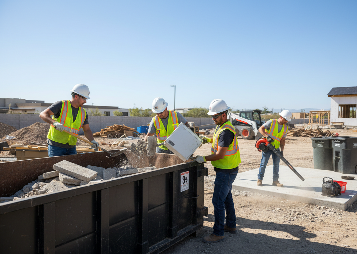 Construction site being cleaned with debris removal