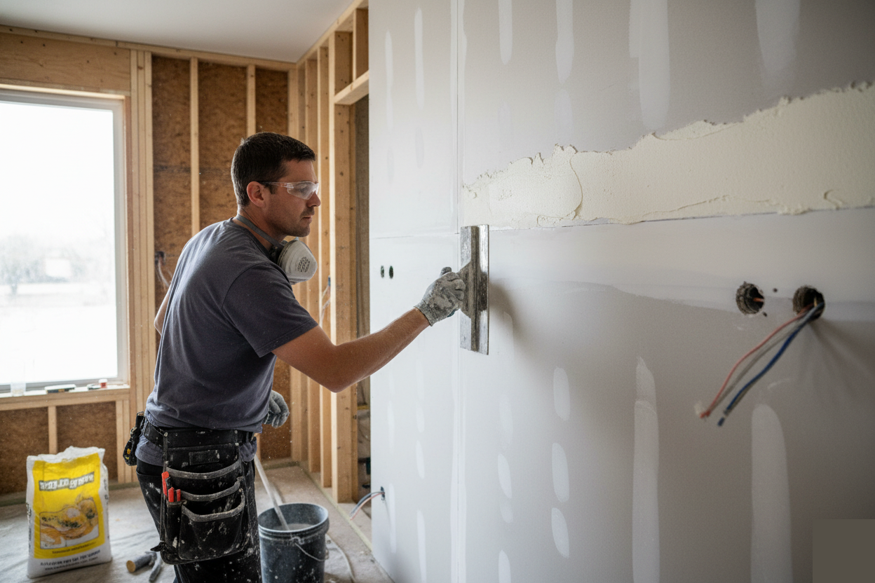 Worker installing drywall panels in a room