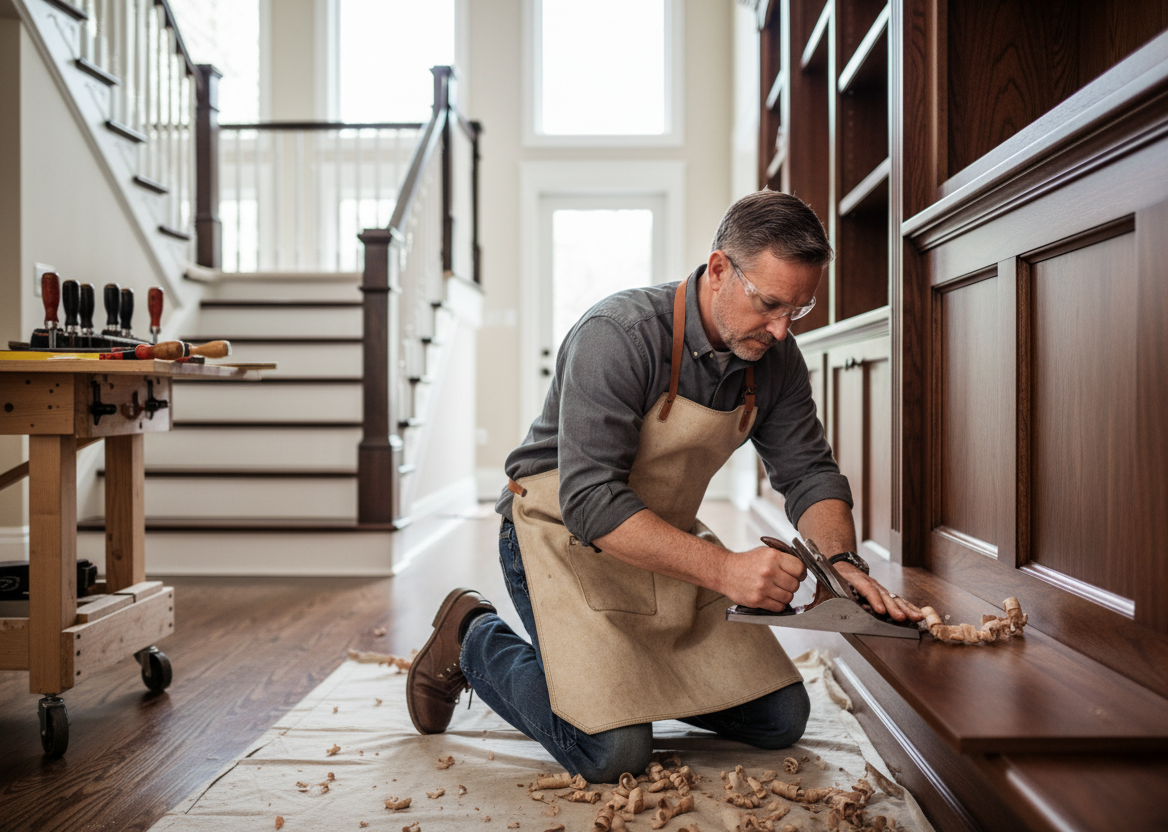 Craftsman installing custom interior trim